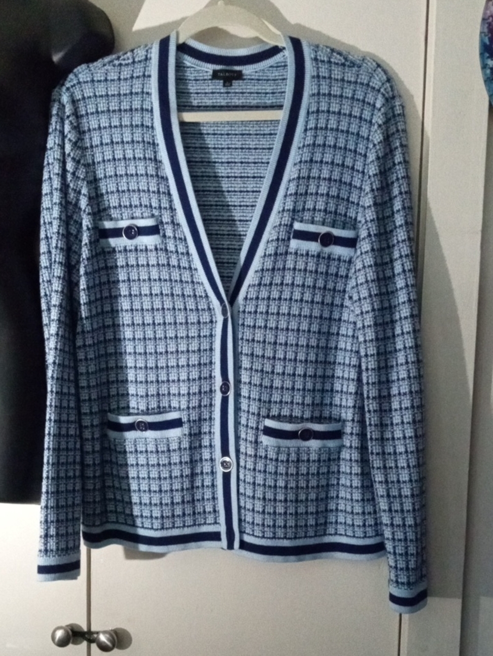 Talbots Jacquard V-Neck Sweater Jacket - Mini Plaid Large